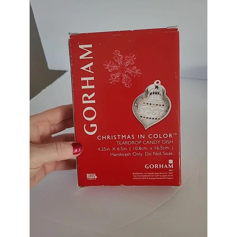 Gorham Christmas in Color Ornament Candy Trinket Dish NEW Teardrop Silver Decor
